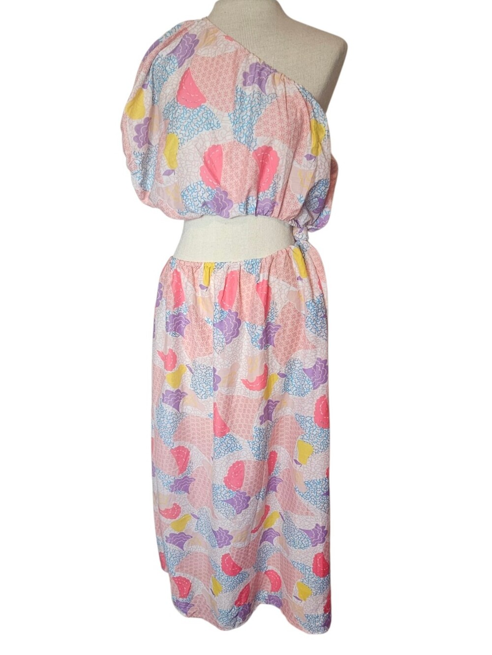 America & Beyond One-Shoulder Dress Size S Patchwork Puff Sleeve Cutout Summer